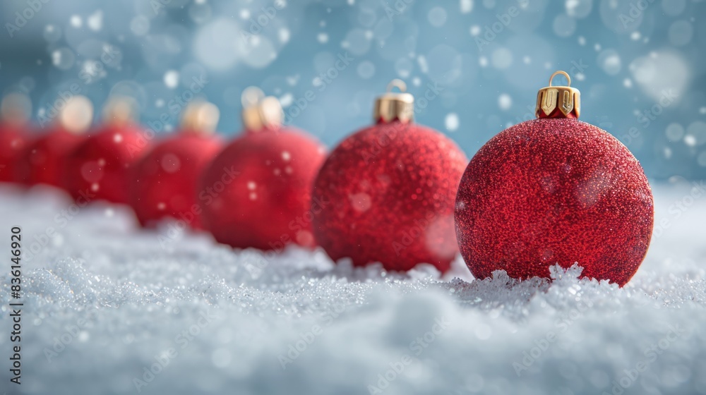 Red Christmas Balls in a Row on Snowy Border Red Christmas Balls in a Row on Snowy Border