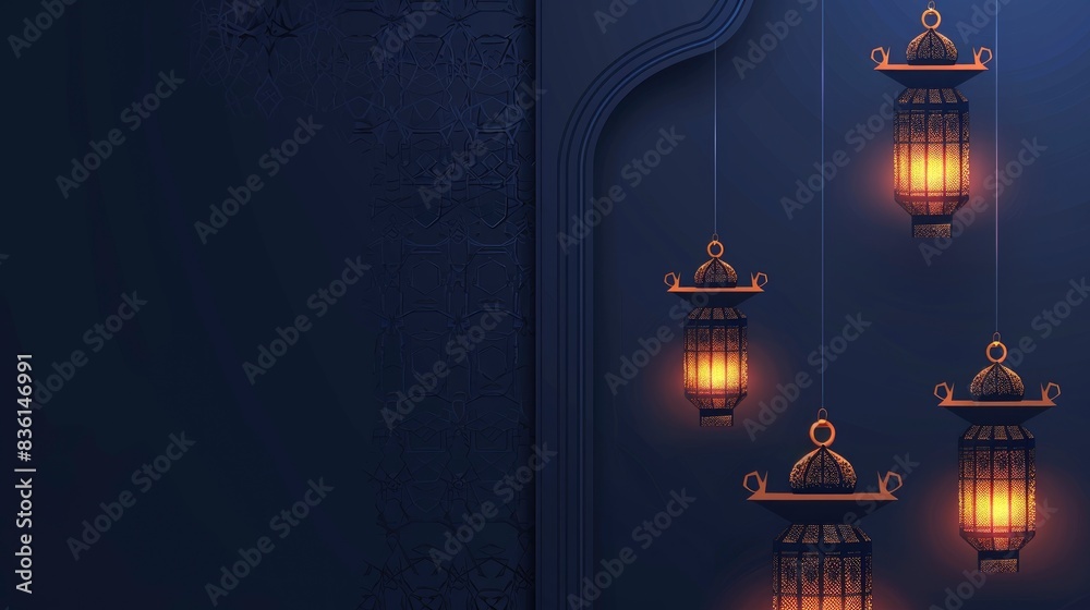  artistic Ramadan banner showcasing Islamic patterns and lanterns illuminated in the midst of a rich blue atmosphere, Intricate golden geometry for Islamic greeting backdrop Flat design