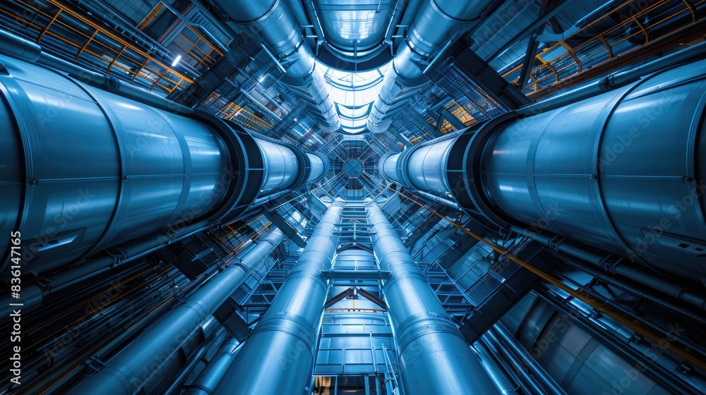 A symmetrical, futuristic industrial tunnel with glowing blue lights and metallic structures A symmetrical, futuristic industrial tunnel with glowing blue lights and metallic structures