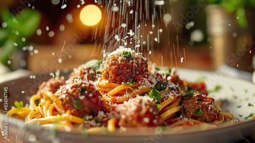 Italian spaghetti and meatballs with parmesan cheese.