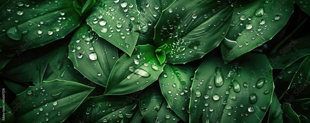 Close-up of fresh green leaves covered in water droplets, showcasing nature's beauty and freshness after rain. Close-up of fresh green leaves covered in water droplets, showcasing nature's beauty and freshness after rain.