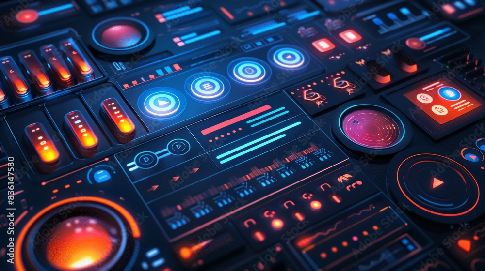 Obraz premium Digital Interface Elements: Develop a set of digital interface elements with buttons, sliders, and icons, perfect for app and web design.