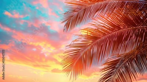 Palm Fronds Sunset Close-up of palm fronds against a vibrant sunset sky  with hues of orange and pink creating a stunning backdrop  showcasing the beauty of natures colors  soft tones  fine details 