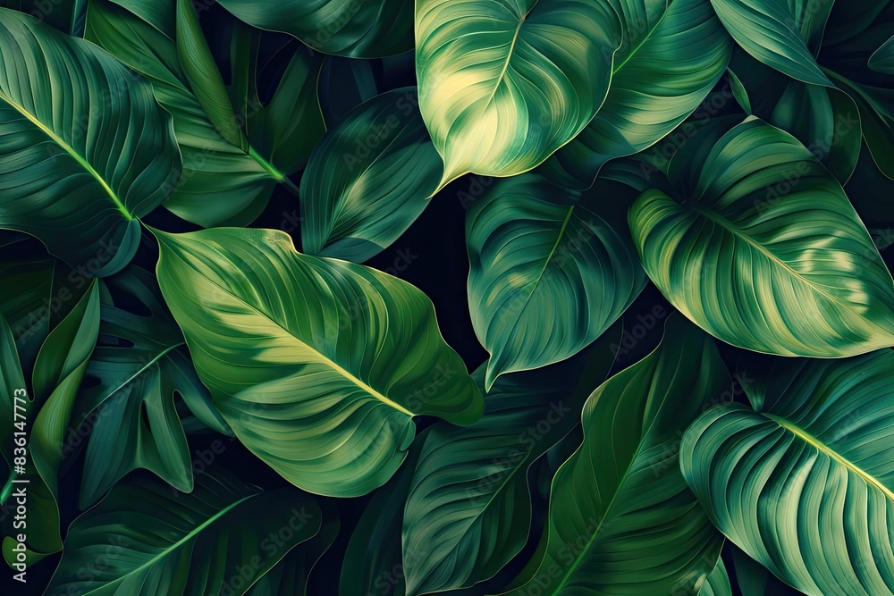 Vibrant green tropical leaves, close-up view. The lush foliage creates a refreshing and natural background, perfect for nature-themed projects. Vibrant green tropical leaves, close-up view. The lush foliage creates a refreshing and natural background, perfect for nature-themed projects.