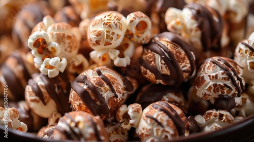 A close-up of caramel popcorn drizzled with chocolate, perfect for a sweet and indulgent snack