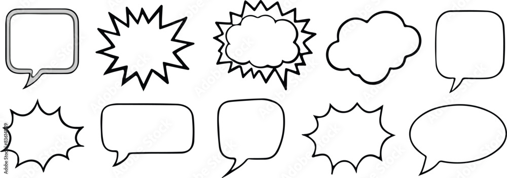 Fototapeta premium Empty comic speech bubbles set, Black border, Retro blank dialog boxes, Vintage vector graphic clipart