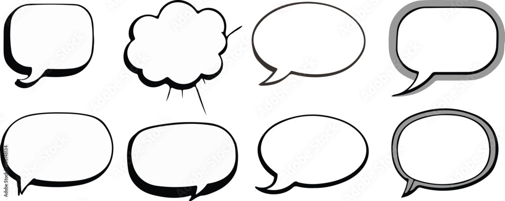 Minimal Empty comic speech bubbles set, Black border, Retro blank dialog boxes, Vintage vector graphic clipart