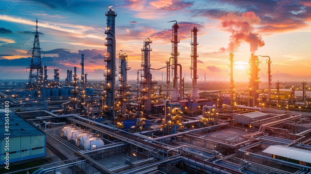 Industrial view at oil refinery plant form industry zone with blue sky and sunrise sky background