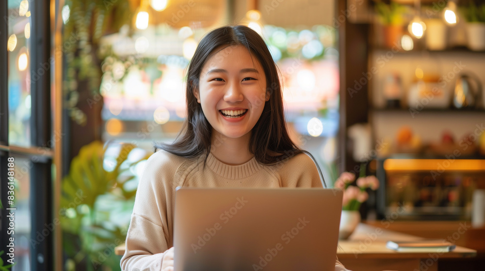 Happy young Asian girl working at a cozy coffee shop with a laptop. Happy young Asian girl working at a cozy coffee shop with a laptop.