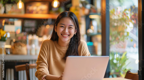 Happy young Asian girl working at a cozy coffee shop with a laptop.
