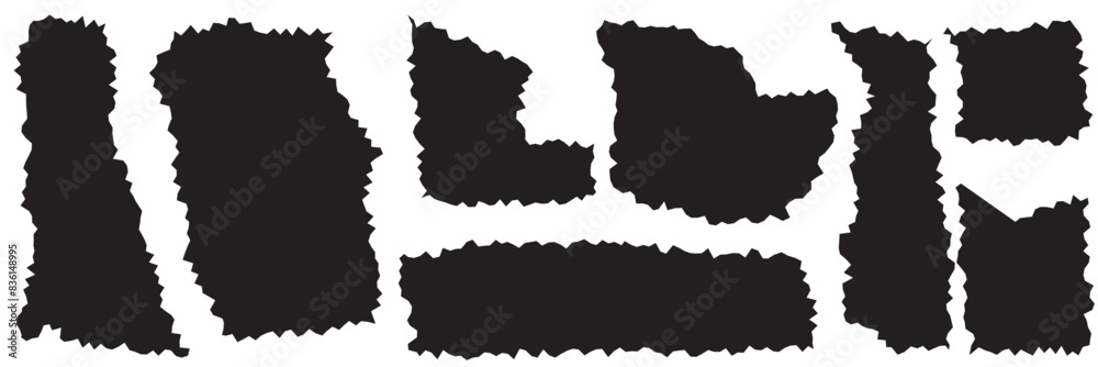 Set of torn paper frames. Black vector collage shape of ripped paper silhouettes isolated on a white background. Old vintage paper backgrounds. Abstract overlay scratched design. Vector illustration Set of torn paper frames. Black vector collage shape of ripped paper silhouettes isolated on a white background. Old vintage paper backgrounds. Abstract overlay scratched design. Vector illustration