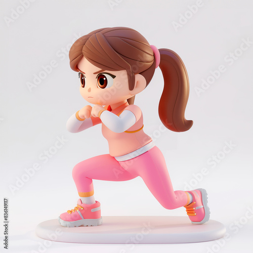 Pretty young woman in pink training clothes with two ponytails doing longes, side view, 3D rendered illustration photo