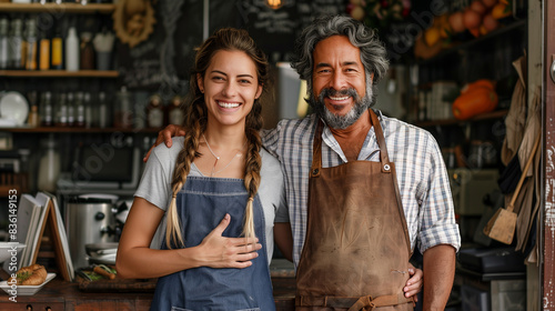 Cheerful business owners standing with open blackboard.