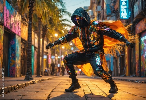 A man in a colorful outfit with a hood and cape is dancing on a street.