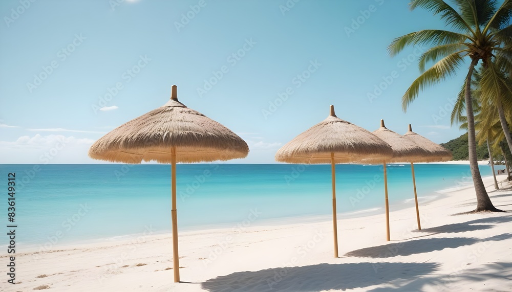 Beautiful tropical beach. blue sky, vibrant, sunlight, umbrella, sandy, soft, aesthetic	

