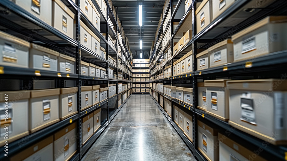 Fototapeta premium Indoor storage details in a manufacturing enterprise, black shelves with white office boxes.