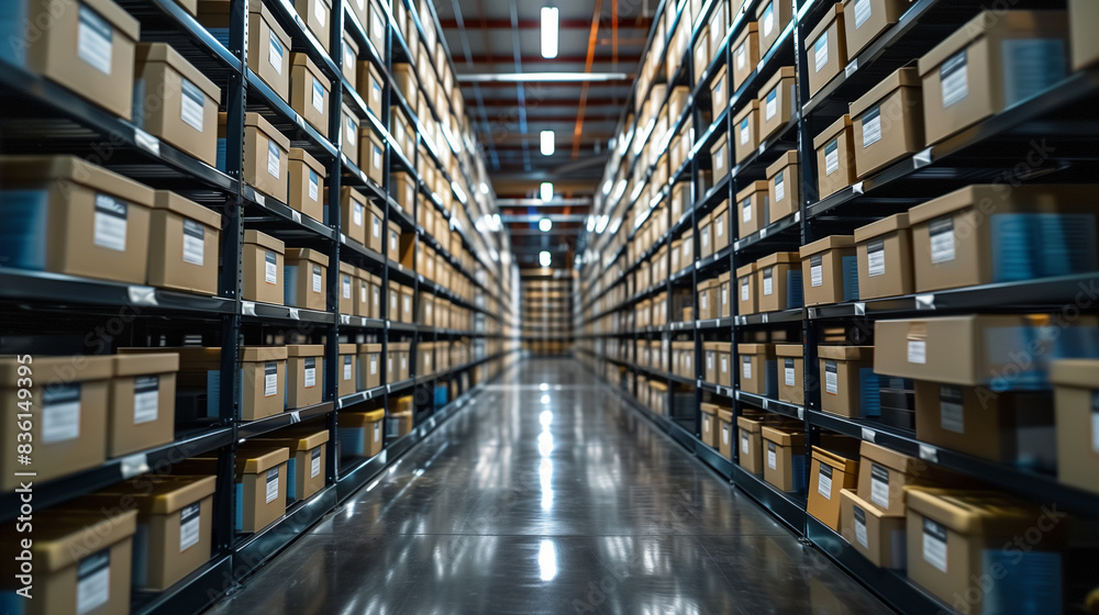 Indoor storage details in a manufacturing enterprise, black shelves with white office boxes.