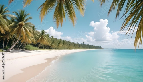 Beautiful tropical beach. blue sky  vibrant  sunlight  umbrella  sandy  soft  aesthetic   