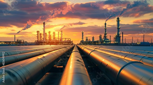 Pipeline and pipe rack of petroleum industrial plant with sunset sky background