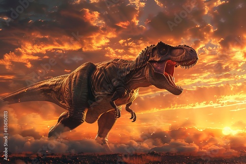Tyrannosaurus rex roaring with rising sun in wild nature