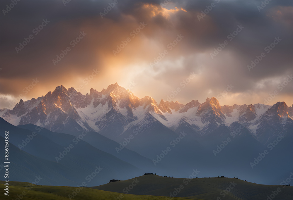 A new dawn and the fullness of national redemption with the rays of the sunrise over the Caucasus lights illuminating the landscape. A new dawn and the fullness of national redemption with the rays of the sunrise over the Caucasus lights illuminating the landscape.