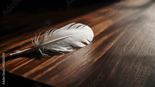 Elegant Simplicity: White Feather Resting on Smooth Dark Wooden Surface, Serene Contrast: Single White Feather on Dark Wooden Background, Tranquil Beauty: White Feather Lying on Smooth Dark Wood, Mini