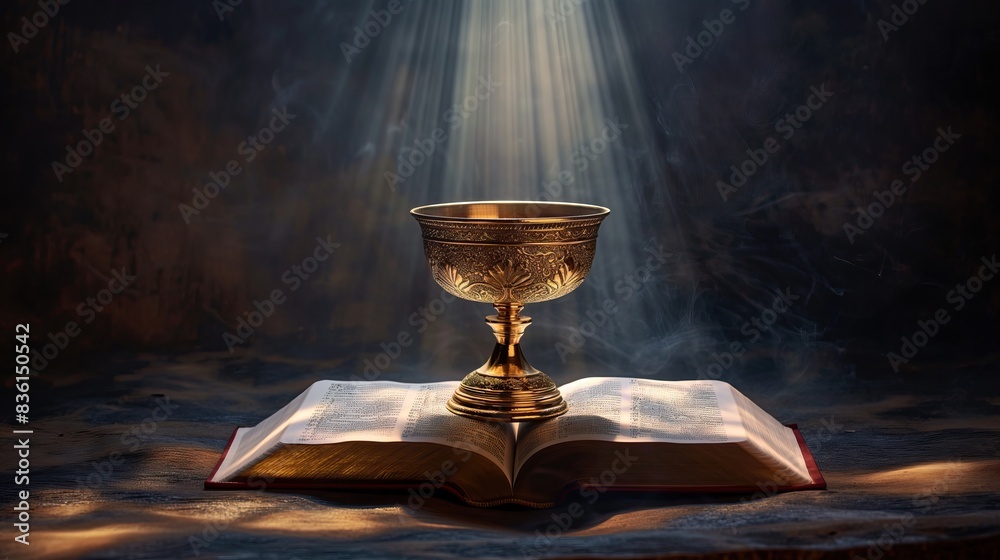 holy grail on top of an open Holy Bible with sun rays of light from ...