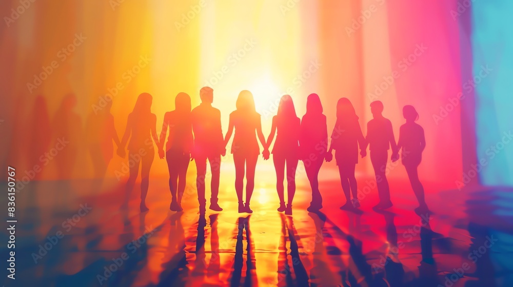 Silhouettes of people holding hands, standing together in unity and hope. Silhouettes of people holding hands, standing together in unity and hope.