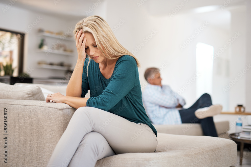 Couch, couple and fight in home for annoyed, divorce or married people for argument. Disagreement, sofa and lounge for frustrated woman, affair or emotion in toxic relationship with mature partner Couch, couple and fight in home for annoyed, divorce or married people for argument. Disagreement, sofa and lounge for frustrated woman, affair or emotion in toxic relationship with mature partner