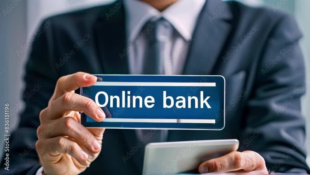 Businessman holding sign with words Online bank and tablet. Payments, shopping and digital technology in business Businessman holding sign with words Online bank and tablet. Payments, shopping and digital technology in business