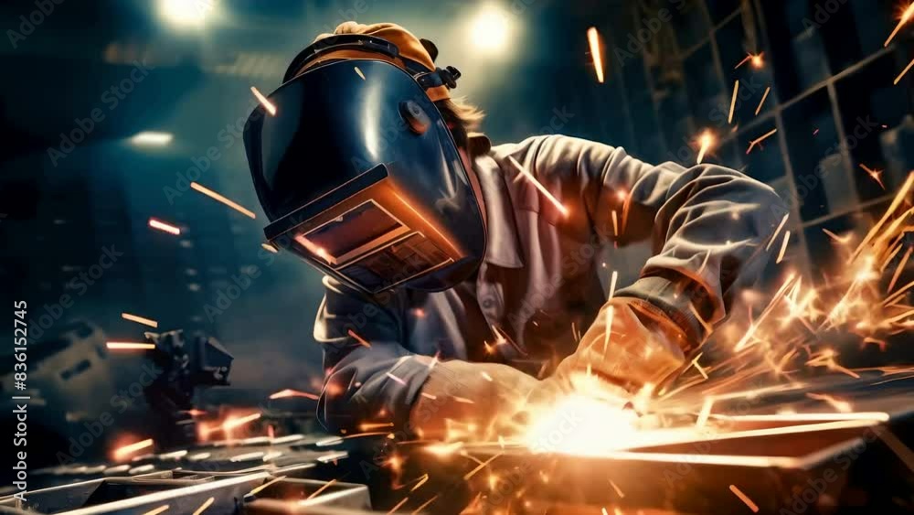 A worker in protective gear welding and fabricating metal structures with flying sparks A worker in protective gear welding and fabricating metal structures with flying sparks