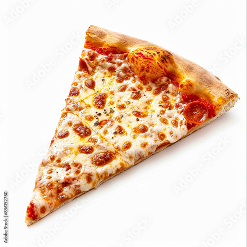 Pizza slice isolated on white background, online delivery from pizzeria, take away and fast food concept photo