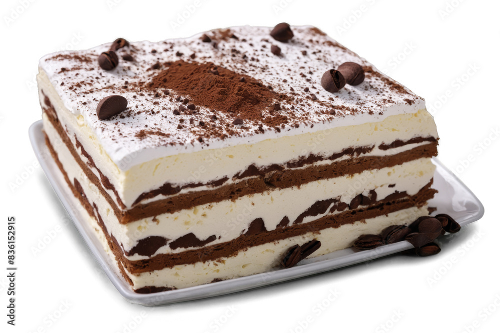 Tiramisu italian dessert served on a plate with a png, transparent, white background