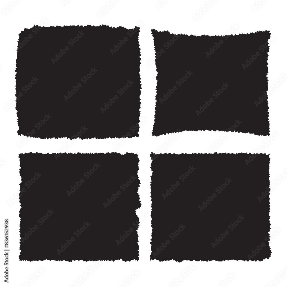 Torn paper frames with rough edges vector set. Black square shapes with ripped jagged borders on white background. Vintage grunge boxes for collage, text, banner, sticker design. Retro photo objects