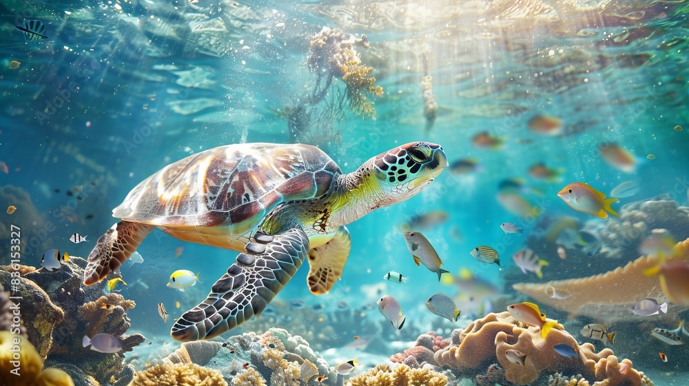 Obraz premium Vibrant underwater ocean scene teeming with diverse marine life including a majestic turtle