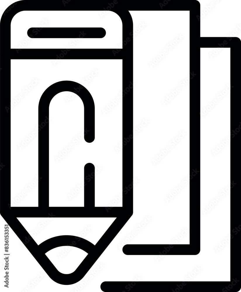 Black and white icon of a pencil and notebook, design for stationery and education themes Black and white icon of a pencil and notebook, design for stationery and education themes