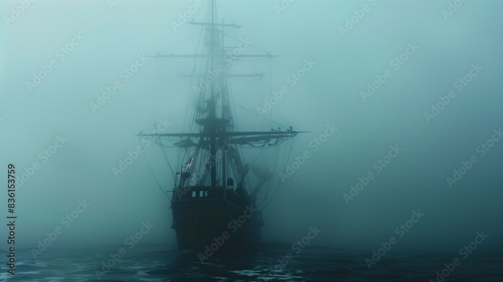 Haunted Ghost Ship Sailing Through Smoke: Mystical and Mysterious Maritime Scene Haunted Ghost Ship Sailing Through Smoke: Mystical and Mysterious Maritime Scene