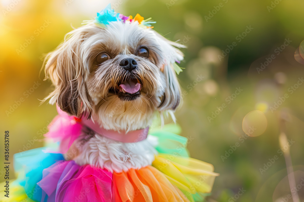 Portrait of cute dog in rainbow dress for Pride month.