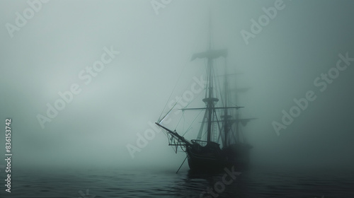 Eerie Ghost Ship Enshrouded in Smoke: Mysterious Nautical Scene at Sea