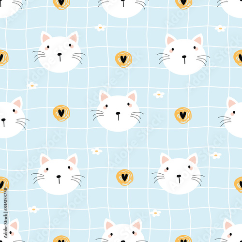 Seamless pattern with white cats and hearts on a blue checkered background
