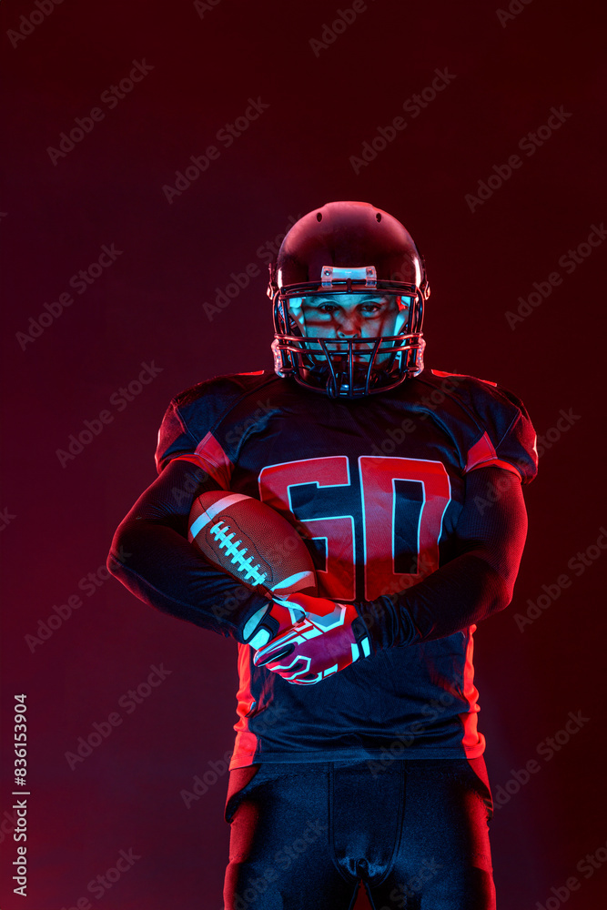American football player banner on red neon background. Template for bookmaker ads with copy space. Mockup for betting advertisement. Sports betting, football betting, gambling, bookmaker, big win American football player banner on red neon background. Template for bookmaker ads with copy space. Mockup for betting advertisement. Sports betting, football betting, gambling, bookmaker, big win