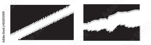 Torn paper frames with rough edges vector set. Black square shapes with ripped jagged borders on white background. Vintage grunge boxes for collage, text, banner, sticker design. Retro photo objects