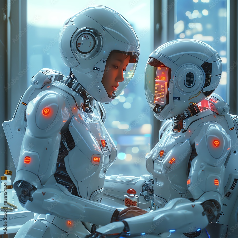 A nurse robot assisting an elderly person with medication, using a holographic pill organizer in a modern living room. Futuristic style, bright colors, high detail. A nurse robot assisting an elderly person with medication, using a holographic pill organizer in a modern living room. Futuristic style, bright colors, high detail.
