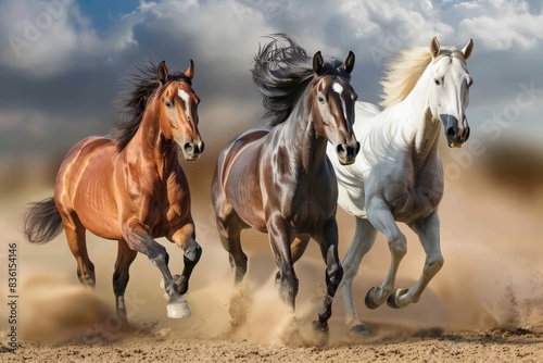 High quality image. three horses running in field, wildlife concept with copy space for print design