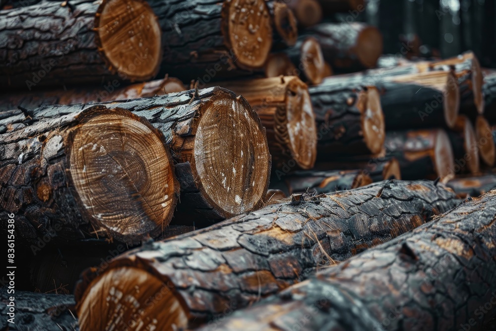 Wood logs and trunks at paper mill, awaiting processing Wood logs and trunks at paper mill, awaiting processing