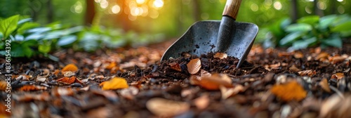 A shovel is partially buried in the soil, filled with mulch and autumn leaves photo