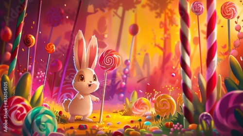 Cute cartoon rabbit in a magical candy land with lollipop trees and candy cane forest