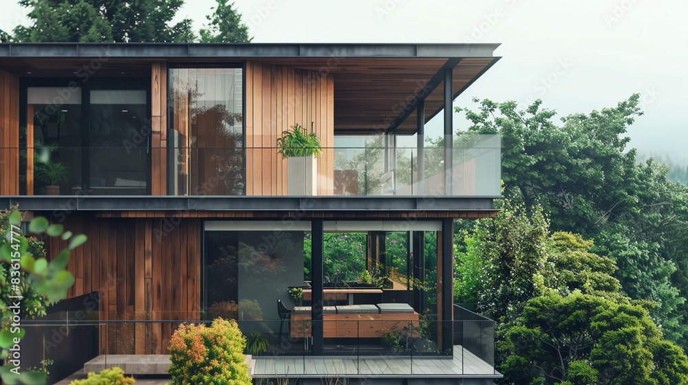 Fototapeta premium Modern wooden house with large windows overlooking a lush green forest.