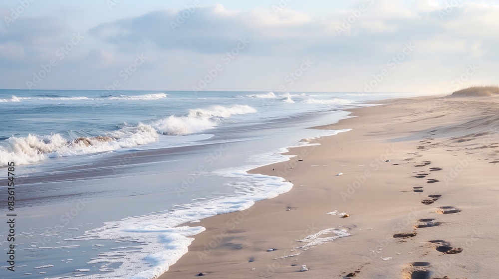 A serene beach with gentle waves erasing footprints symbolizes calm after a storm, offering quiet beauty. A serene beach with gentle waves erasing footprints symbolizes calm after a storm, offering quiet beauty.