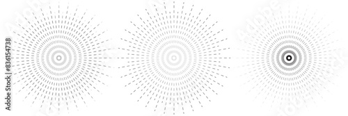 Circle from radial lines as icon or logo. Halftone black design element on white background.